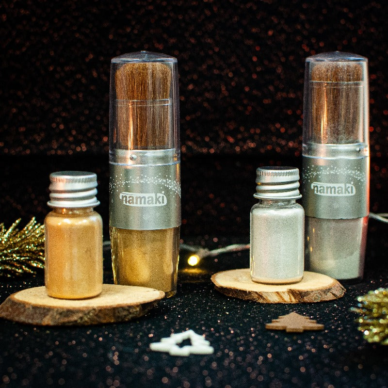 Namaki Magischer Pinsel | Bio Glitzerpuder gold und silber nebeneinander